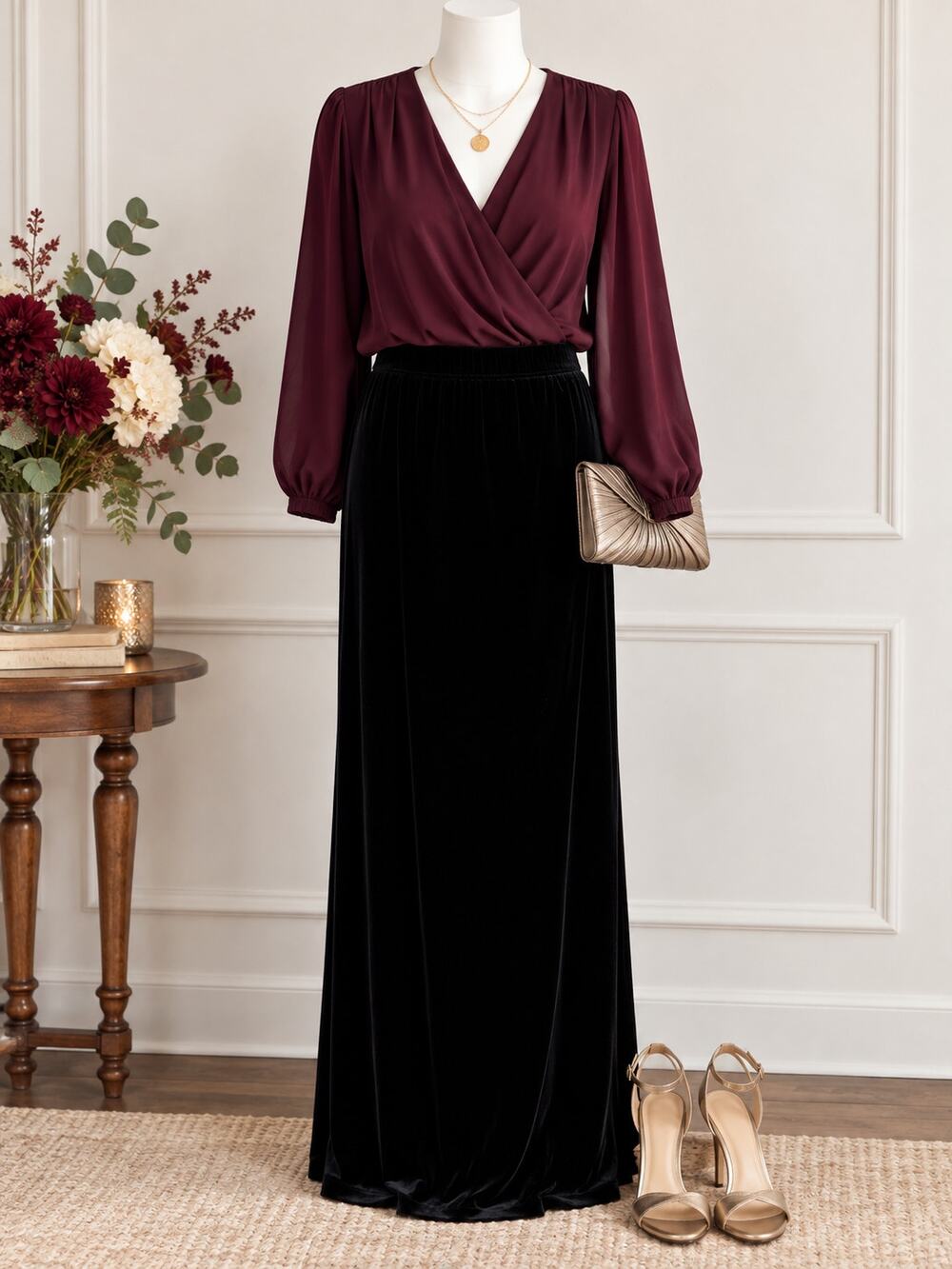 Black Velvet Maxi Skirt Dressbarn Straight Minimalist Formal Evening Womens L